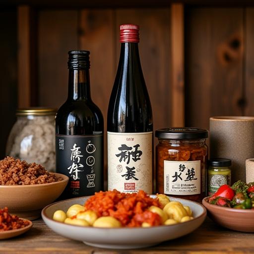 Artisanal bottles of soy sauce, jars of miso, and pickled vegetables on a rustic shelf.
